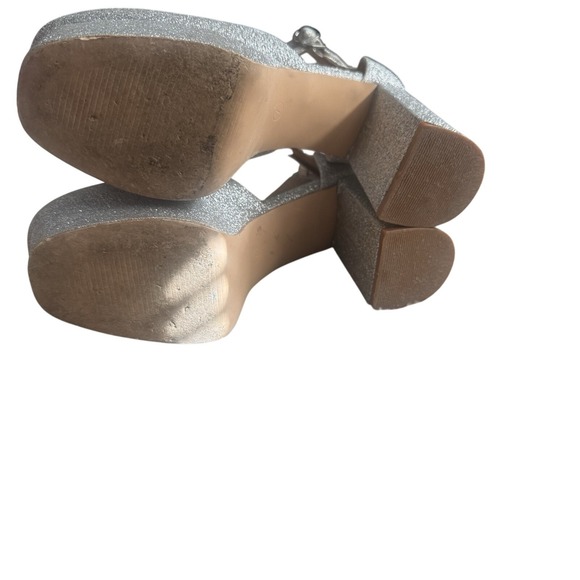 Lulus Silver Glitter Platform Heels Ankle Strap Chunky Block Heel Shoes - Picture 4 of 7